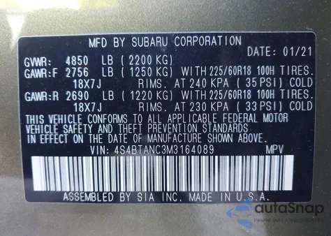 2021 Subaru Outback Limited z USA, uszkodzony, nr VIN 4S4BTANC3M3164089